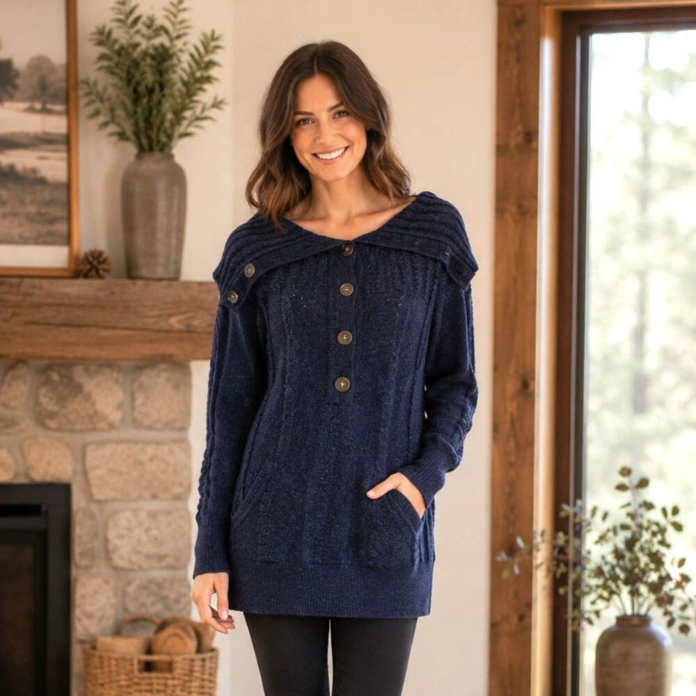 Margaret O’Leary Navy Blue Wool Blend Button Up Knit Sweater Size Small